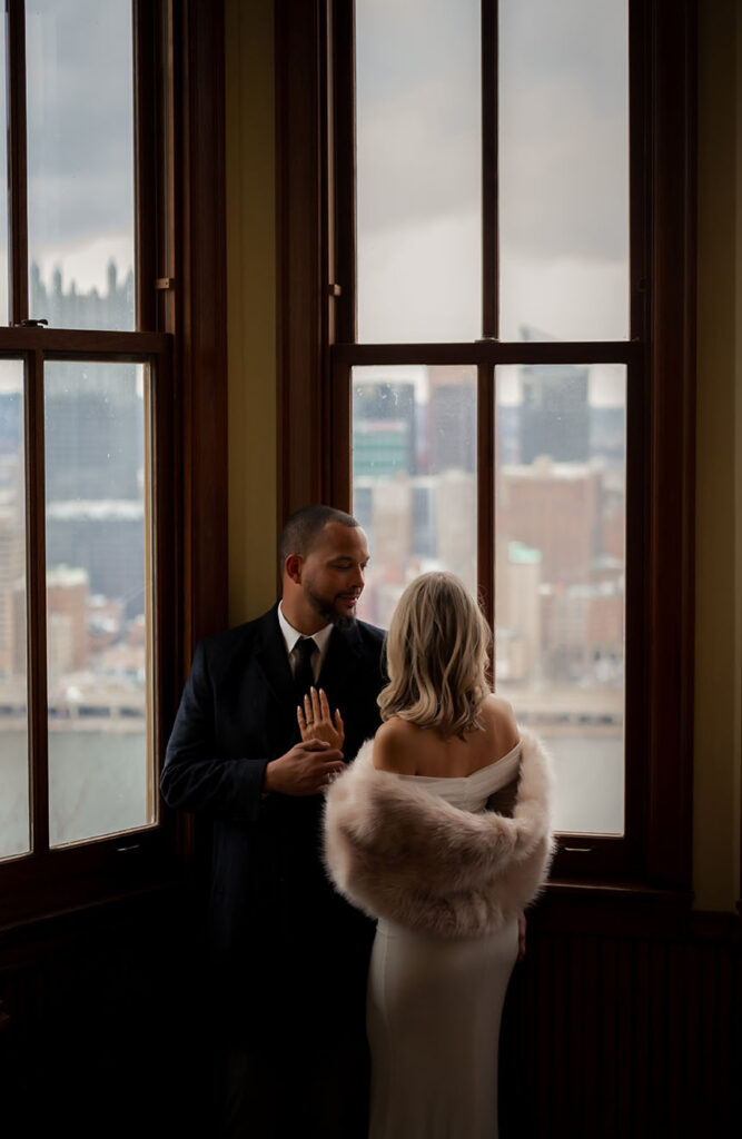 Bride looks at Bride at Duquesne incline in Pittsburgh