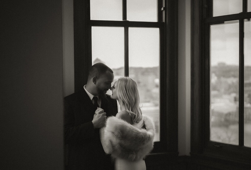 BW Couple Looking at each other at Duquesne incline in Pittsburgh