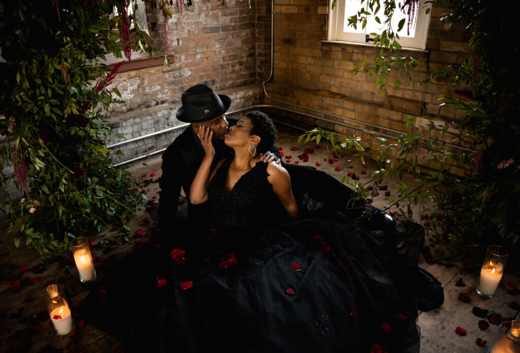 Bride and Groom in black wedding attire at Pump House Wedding Venue in Homestead Pennsylvania - Perfect Wedding dress