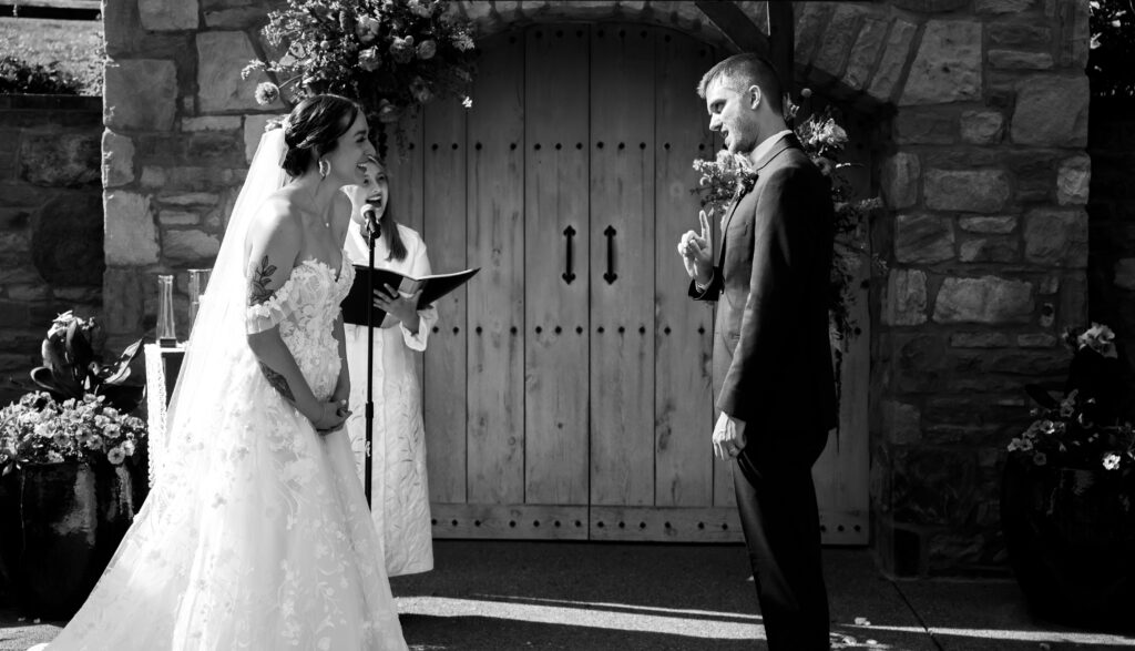 Couple looking at each other during wedding at Phipps Conservatory and Botanical Gardens 