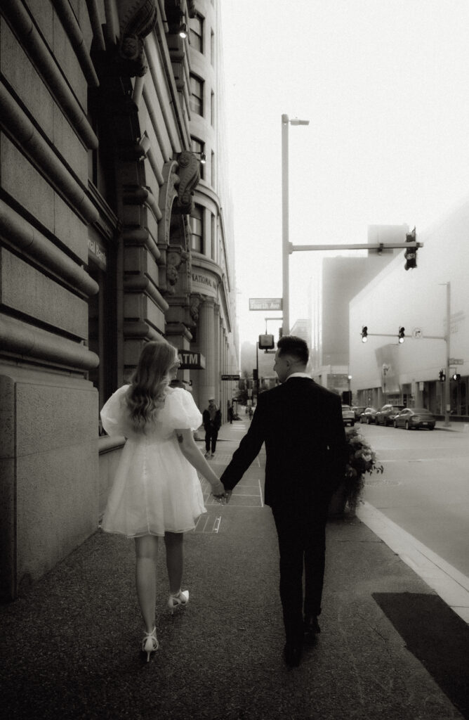Vintage Black and White Photo of couple walking in Downtown Pittsburgh