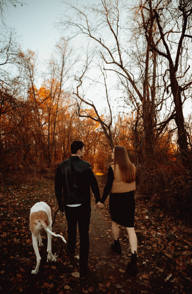 Couple hike with their great dane in North Park in hiking trail