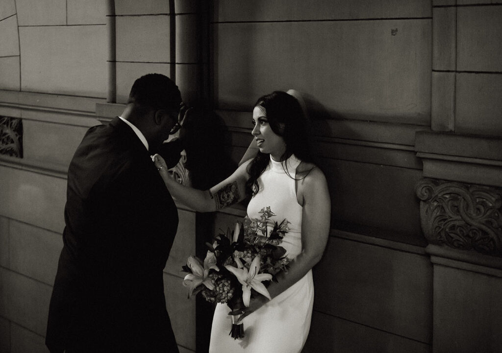 Romantic Black and White Couple talking before their elopement at the Allegheny Courthouse