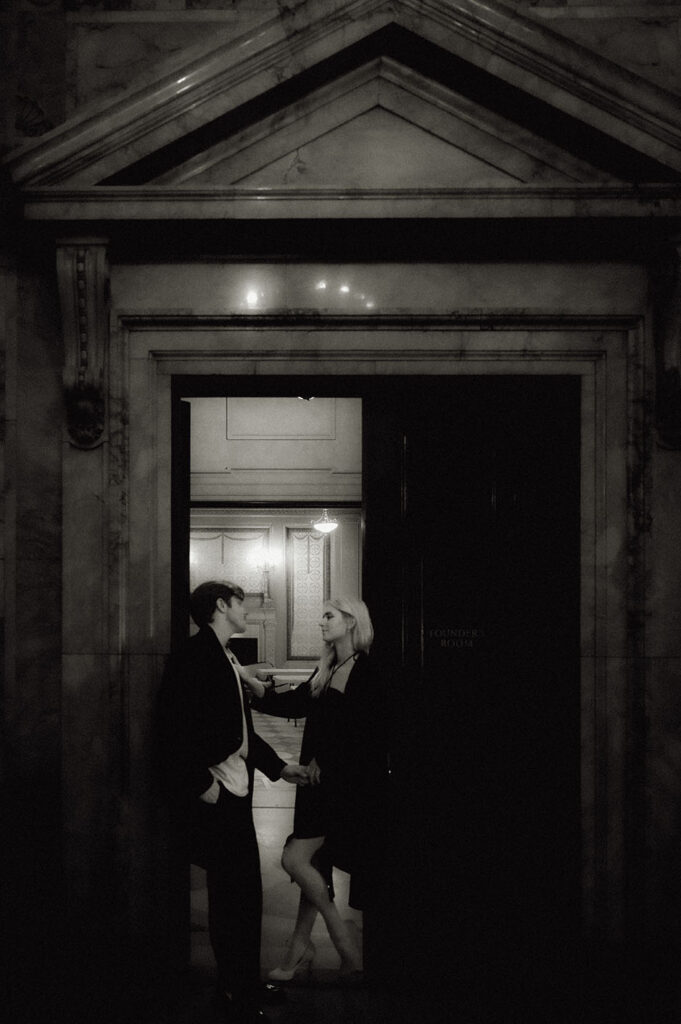 Couple standing at the entrance of the Founders Room at Carnegie Museum of Art