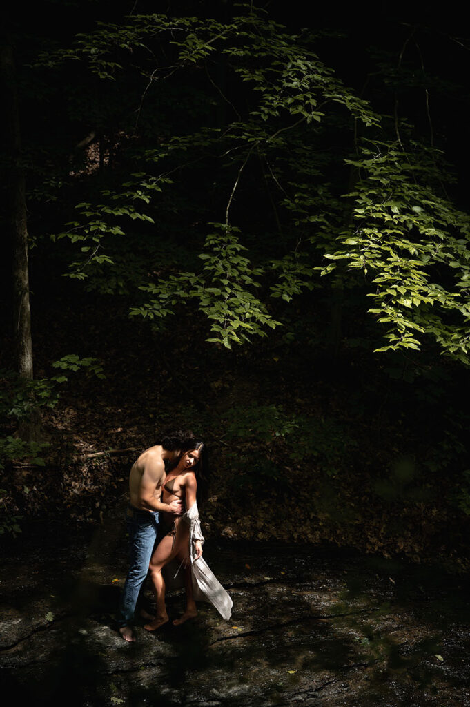 Couple embrace each other at Fall Run Park in Pittsburgh