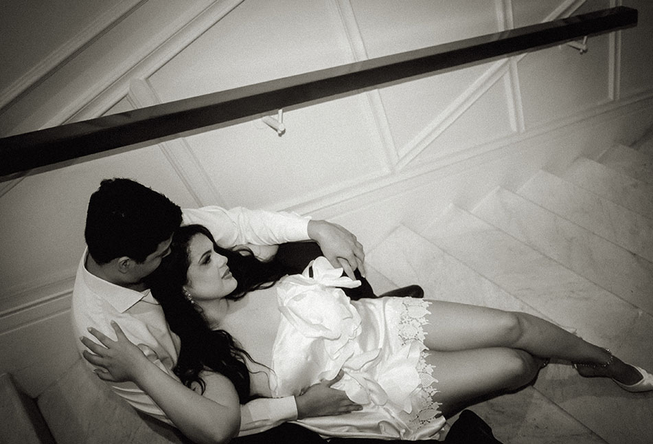 Bride and Groom at Hotel Staircase during their engagement