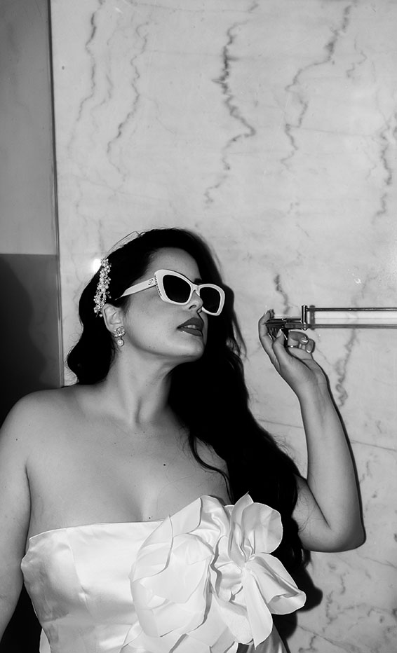 BW Bride in hotel bathroom before engagement