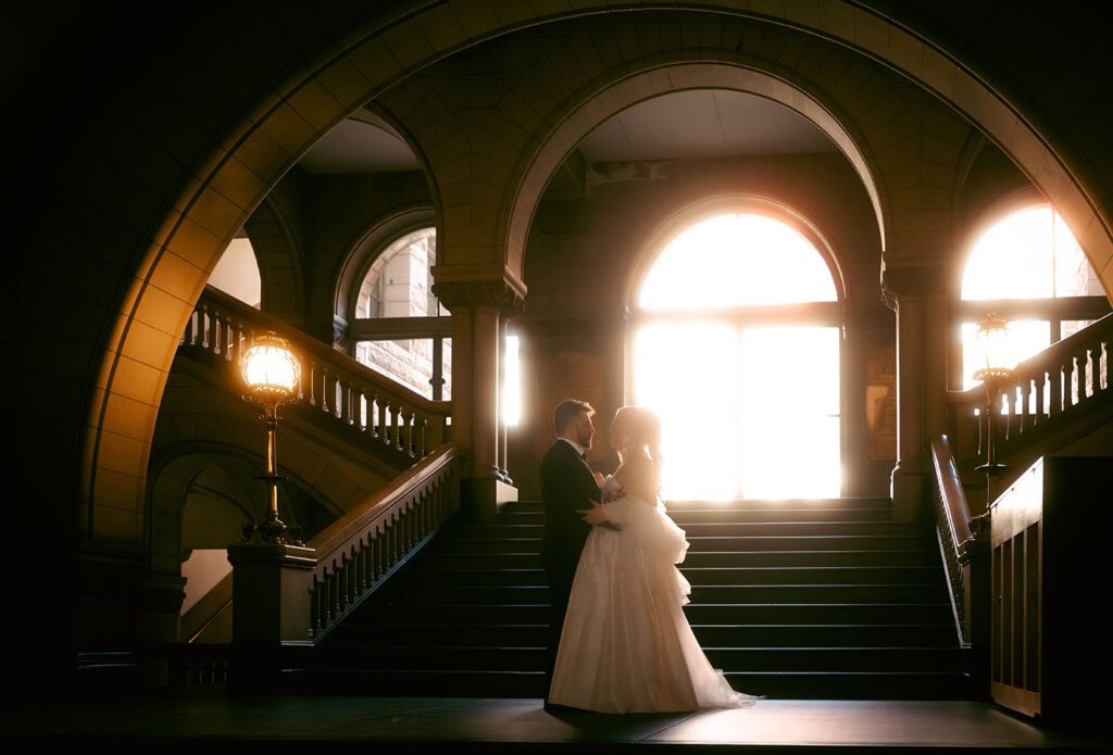 Romantic Couple standing in front of each other at their wedding at the Allegheny Courthouse in Pittsburgh