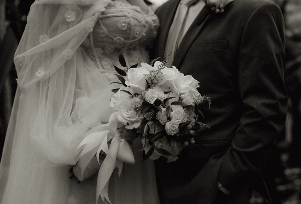 Black and White Bride and Groom with bridal bouquet