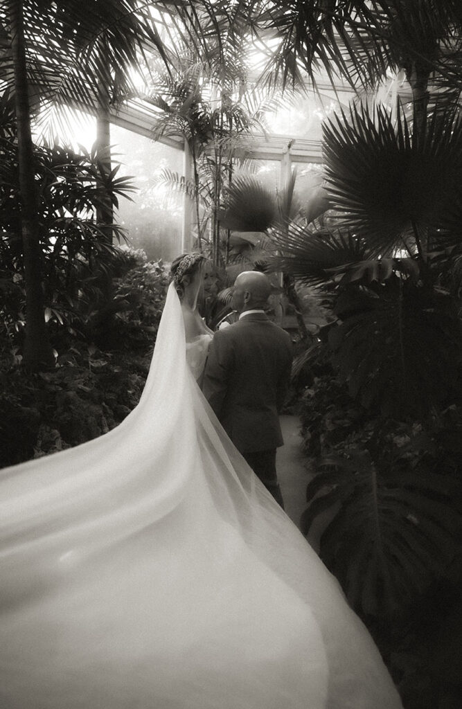 Black and White Bride and Groom Look at each other at Phipps Conservatory and Botanical Gardens