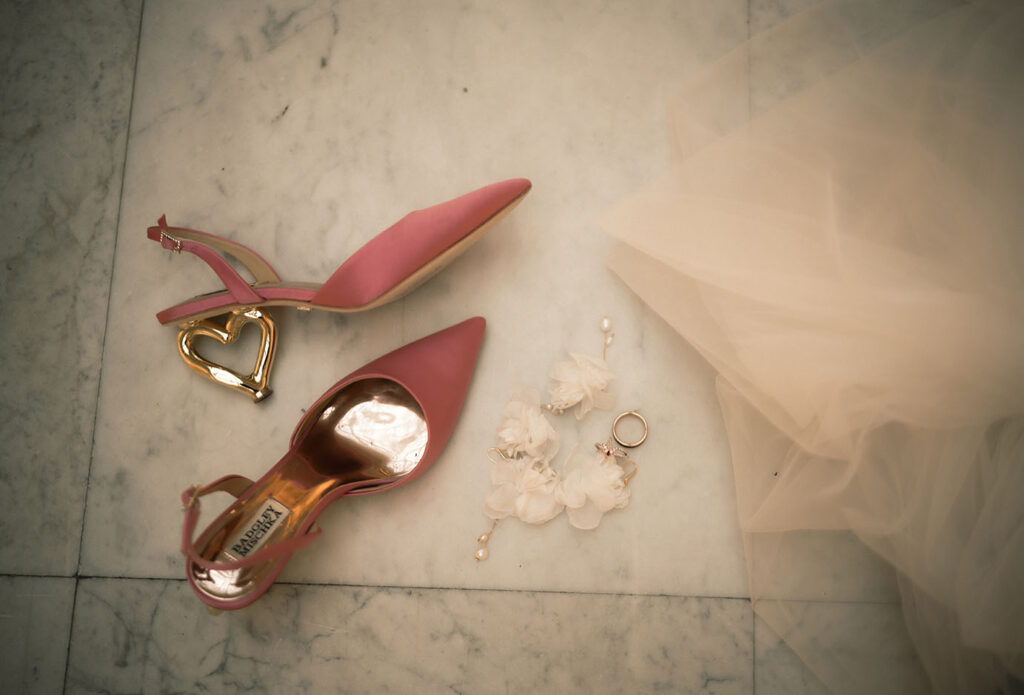 Pink Bridal Shoes, Anthropologie earrings and Veil