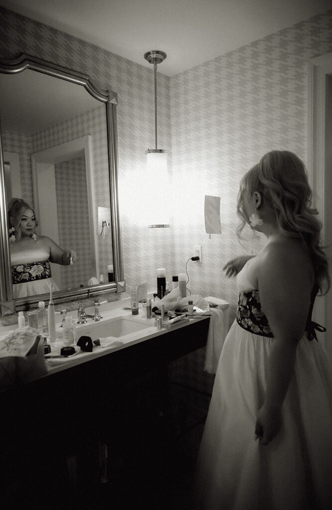 BW Bride Getting Ready in Hotel Monaco Bathroom before Ceremony