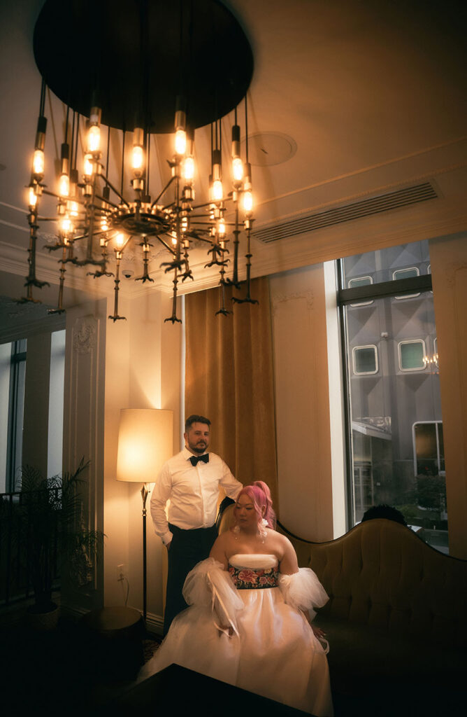 Bride and Groom in Pittsburgh Hotel Monaco Lobby 