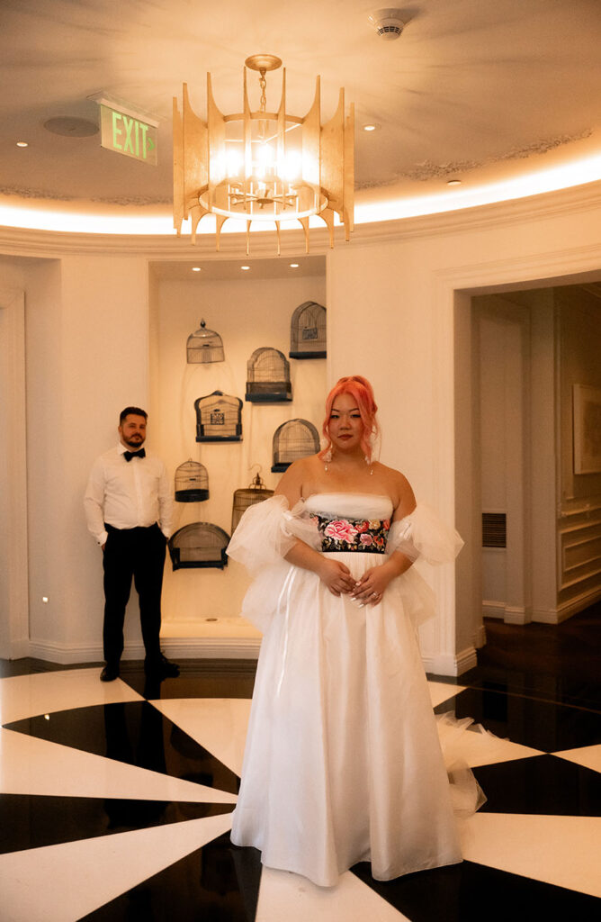 Bride and Groom in Pittsburgh Hotel Monaco Lobby 