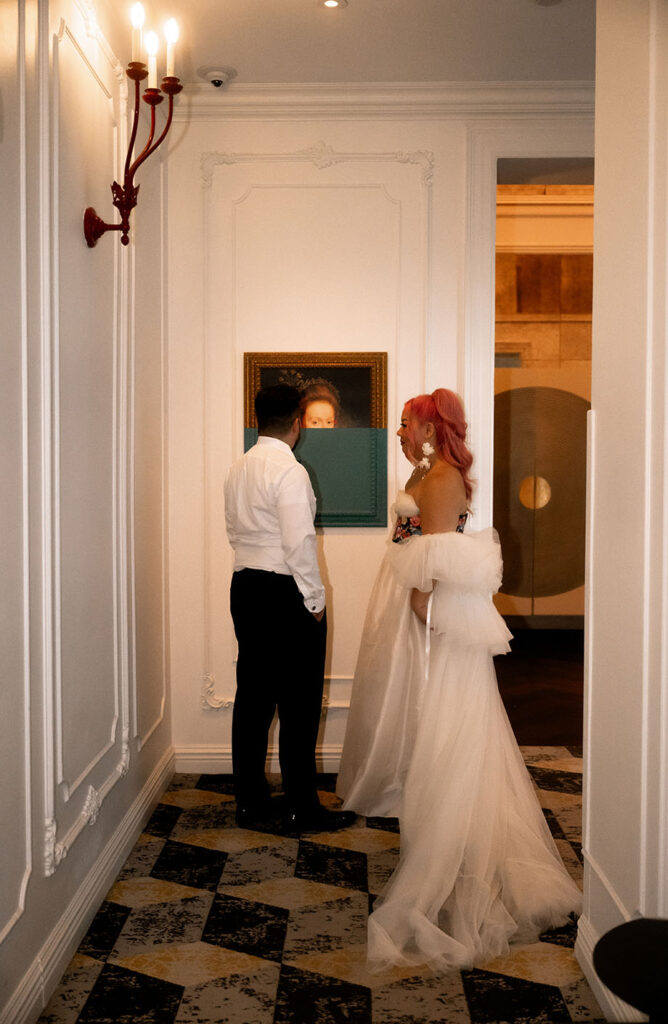 Bride and Groom in Pittsburgh Hotel Monaco Lobby