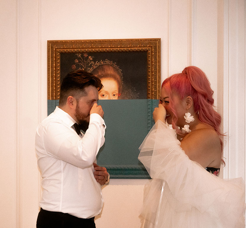 Bride and Groom in Pittsburgh Hotel Monaco Lobby