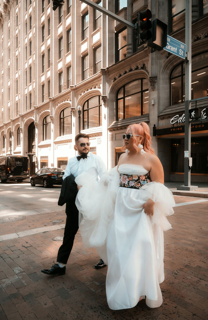 Bride and Groom walking in Downtown Pittsburgh