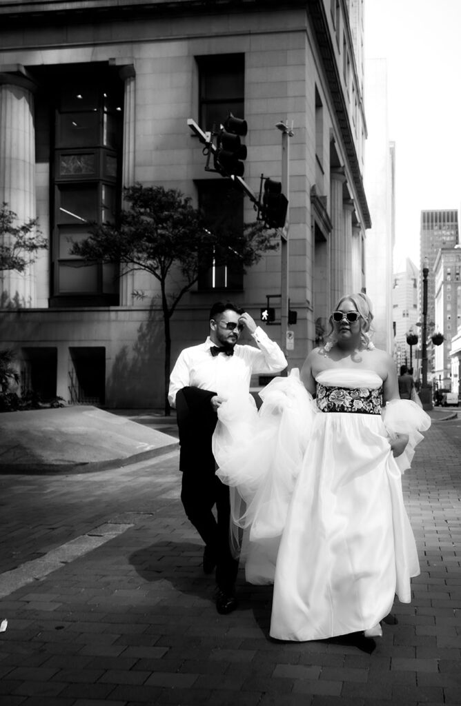 BW Bride and Groom walking in Downtown Pittsburgh