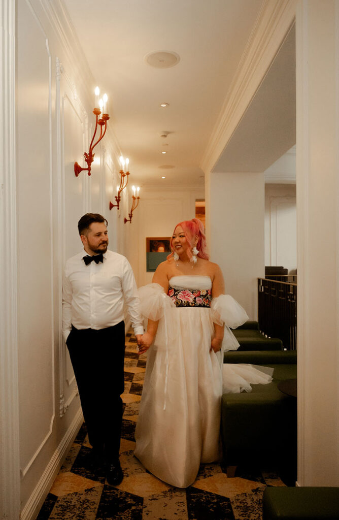 Bride and Groom Walking at Kimpton Hotel Monaco Hallway