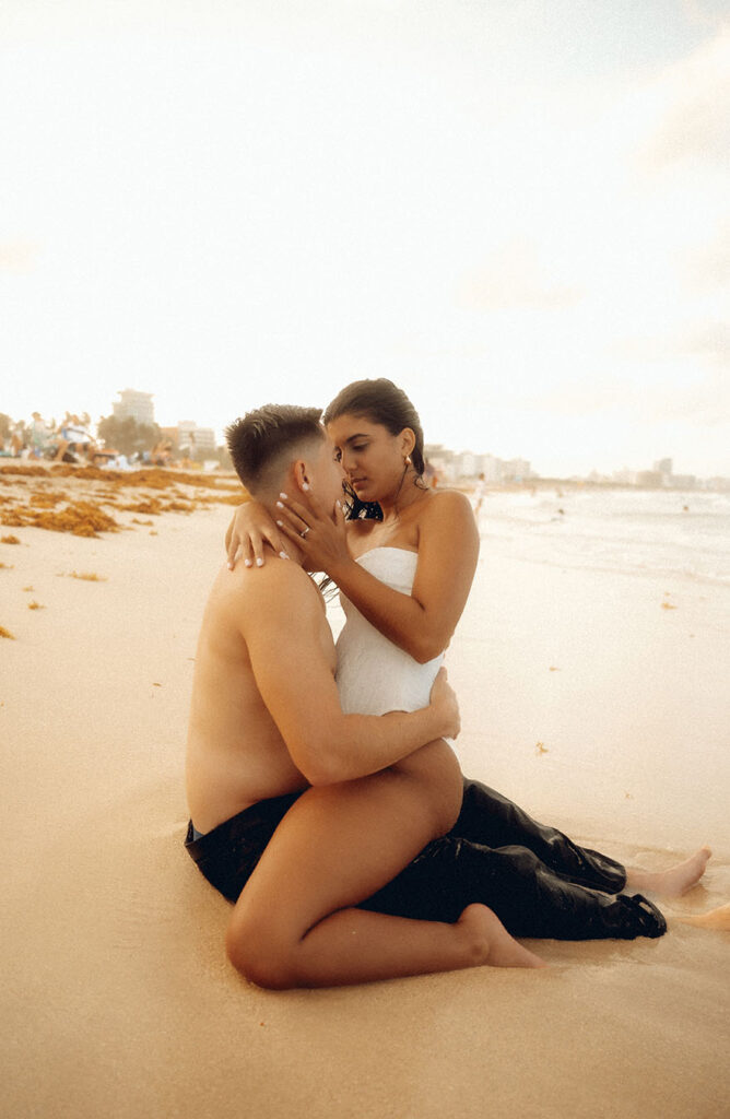 Couple kiss at beach shore