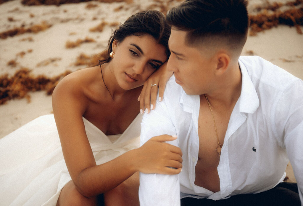 Engaged couple in South Beach Florida