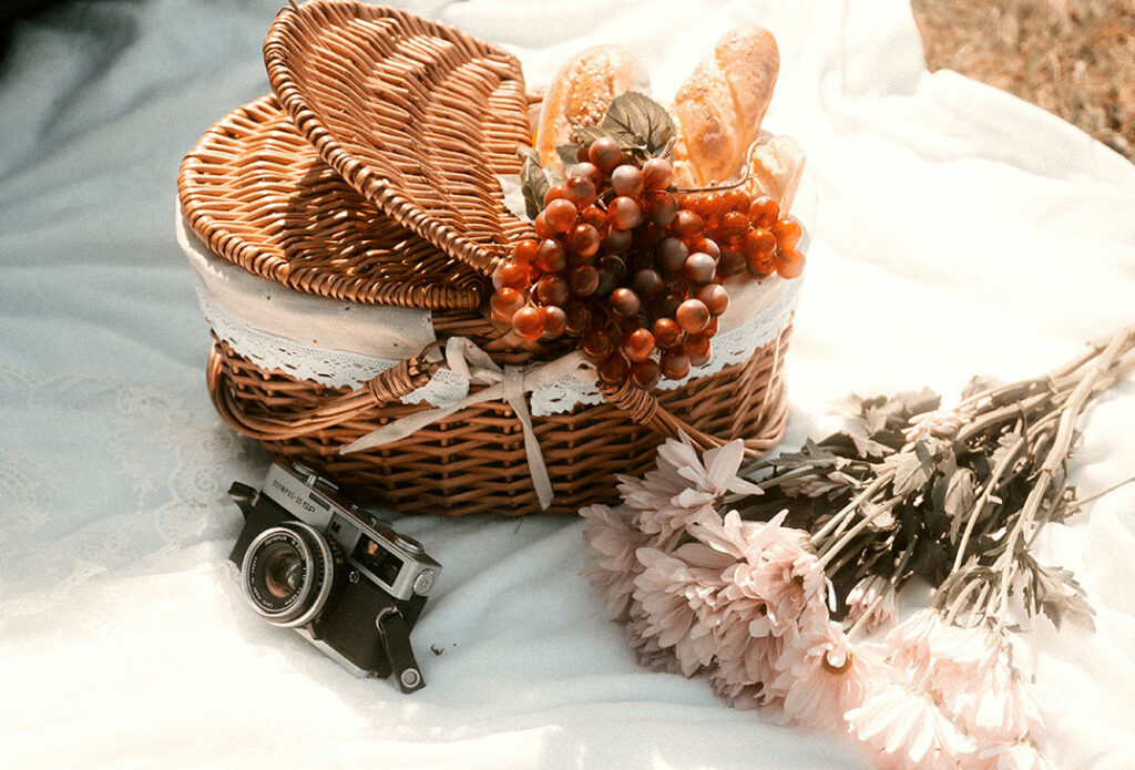 Picnic, camera and flowers as props for engagement photos