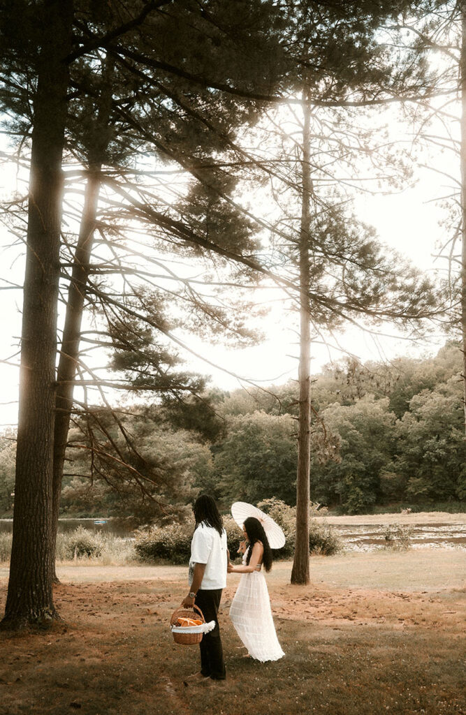 Couple walk in romantic nature walk in North Park Pennsylvania