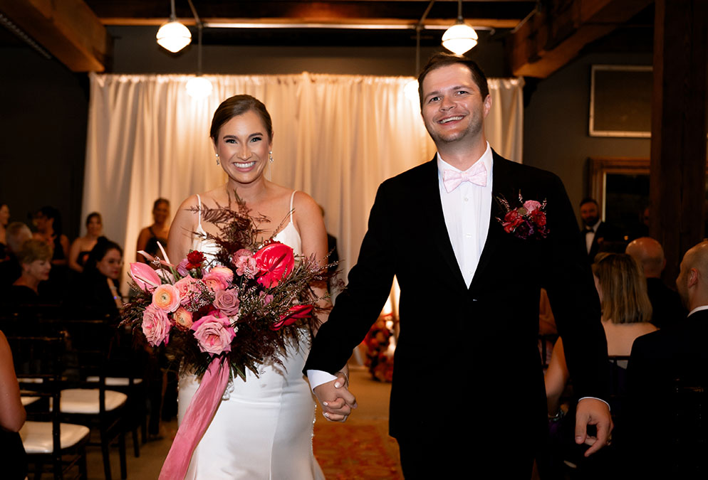 Bride and Groom Walking out from Ceremony at Heinz History Center