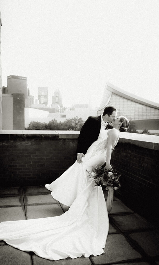 BW Bride and Groom kissing at their Heinz Wedding