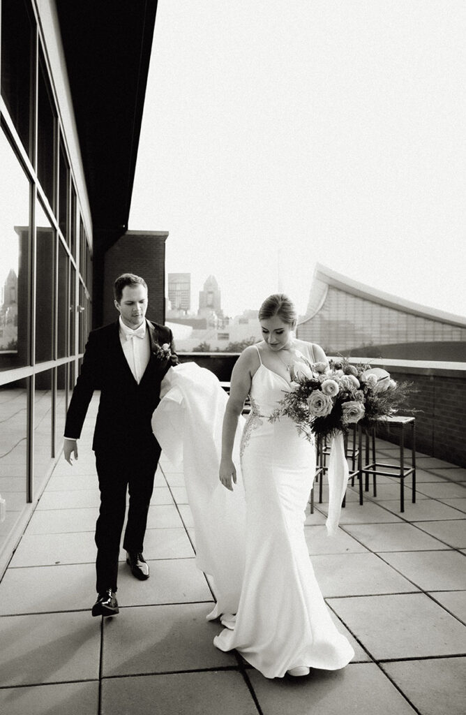 BW Bride and Groom walking at the at Heinz balcony