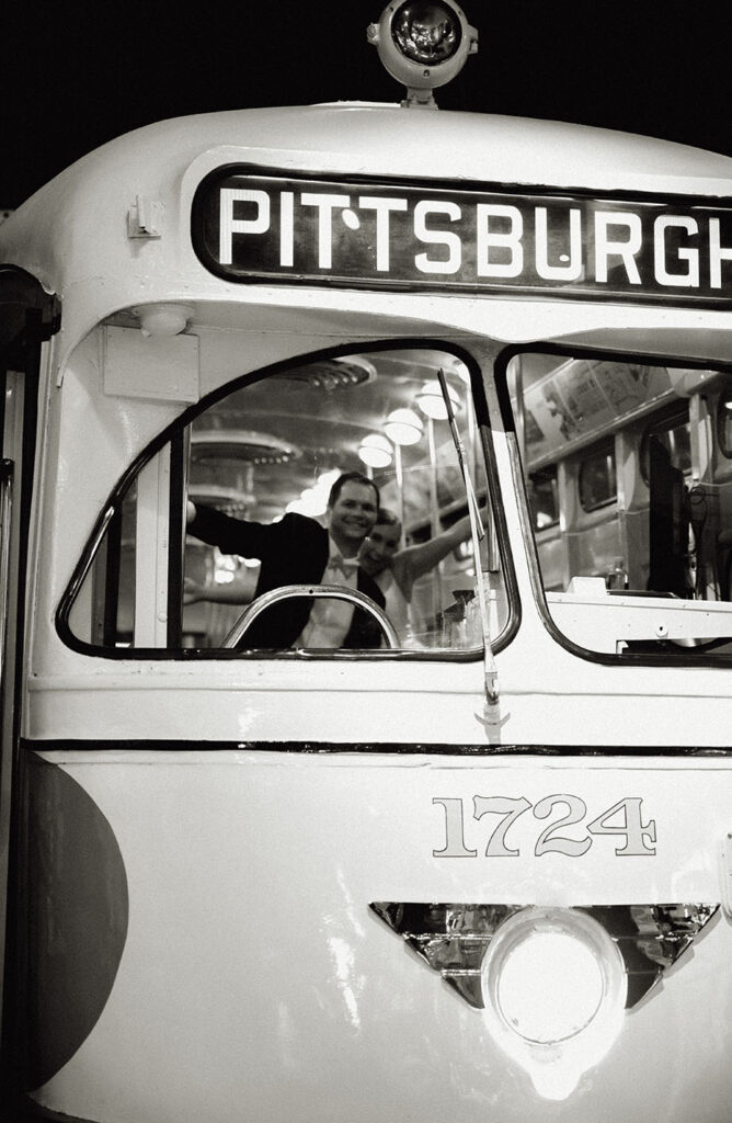 Bride and Groom inside Pittsburgh Trolly