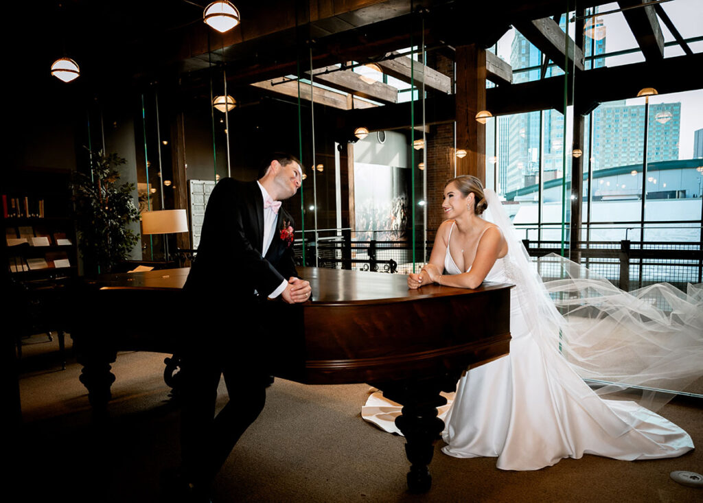 Bride and Groom rest in Piano at Heinz