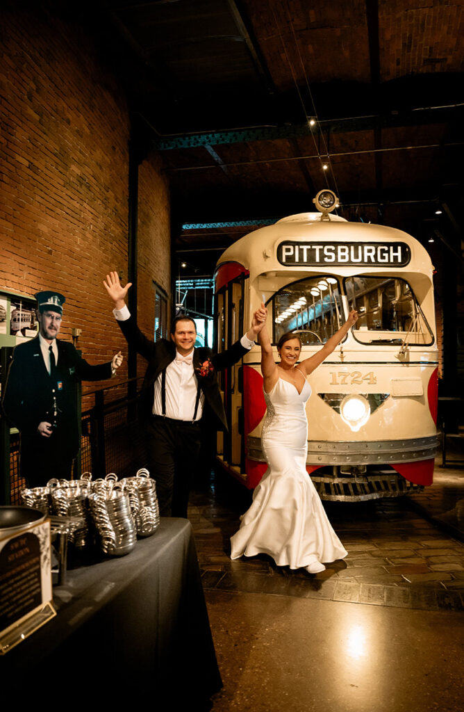 Bride and Groom in front of Pittsburgh Trolly at the Heinz History Center