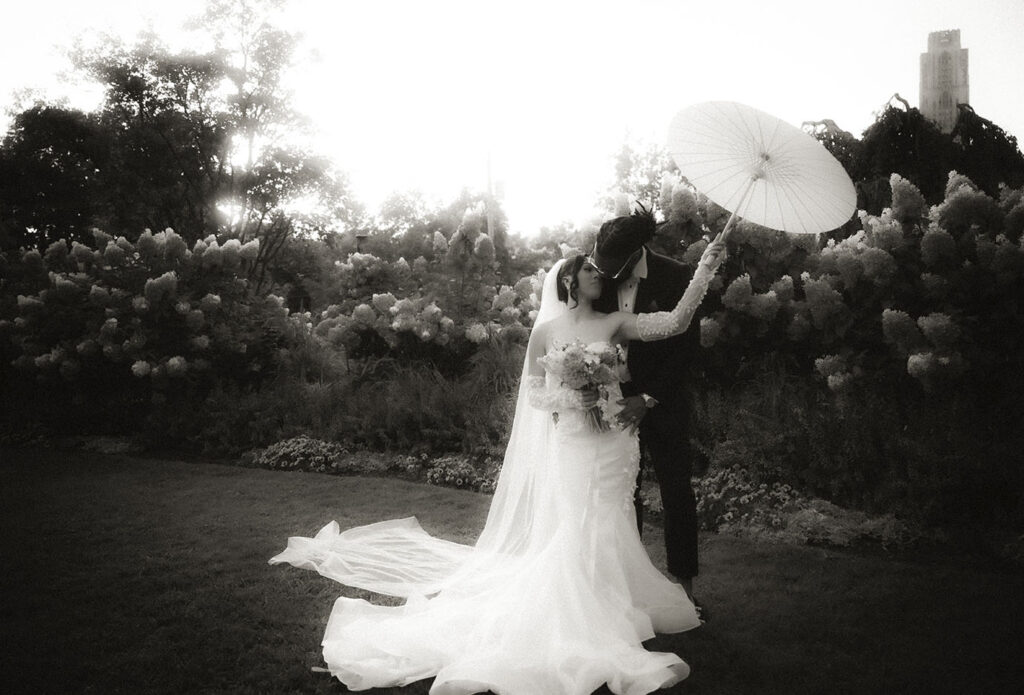 BW Bride and Groom holding each other at Phipps Wedding