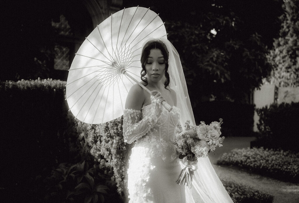 BW Bride with bridal umbrella