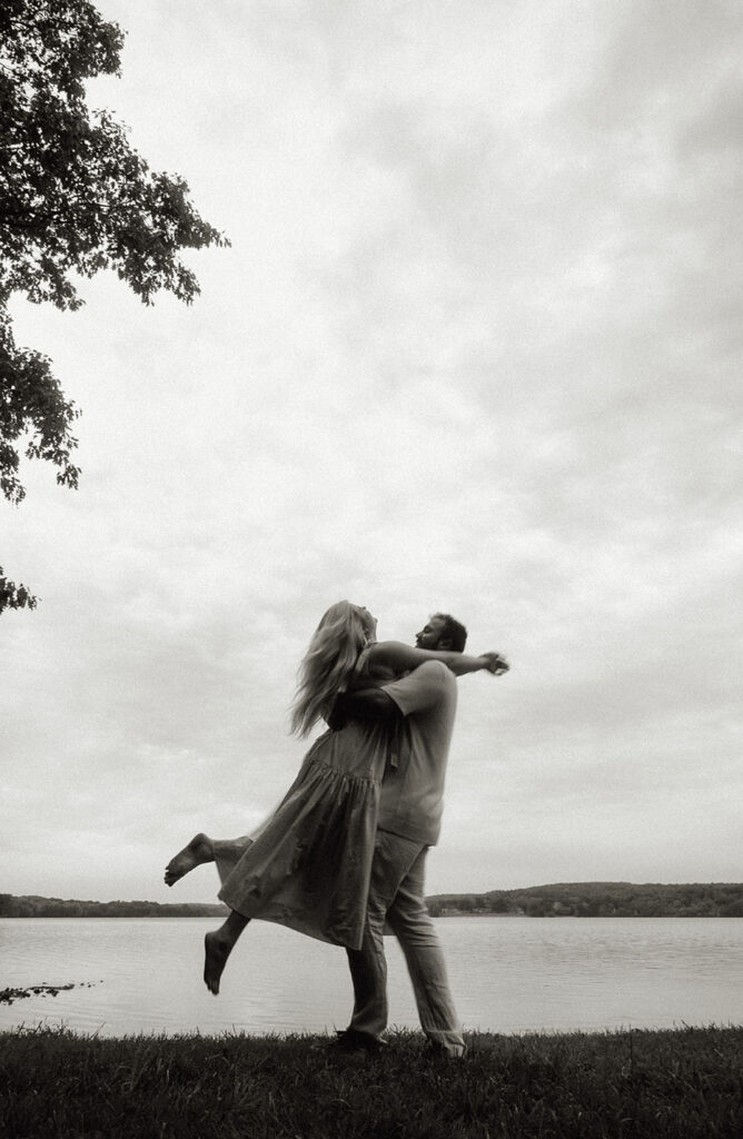 BW Romantic Engaged Couple Dance at Moraine State Park