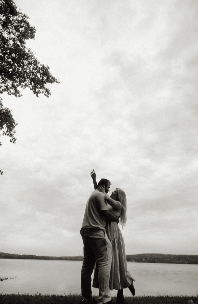 BW Romantic Engaged Couple Dance at Moraine State Park