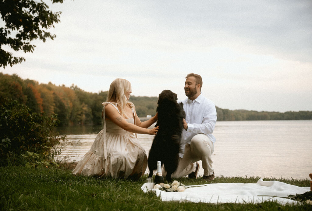 Engaged Couple with their dog at Moraine Park