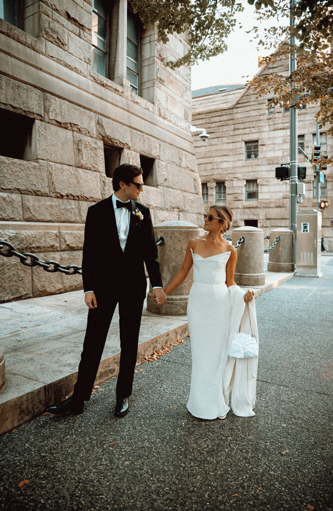 Bride and Groom walking in Downtown Pittsburgh