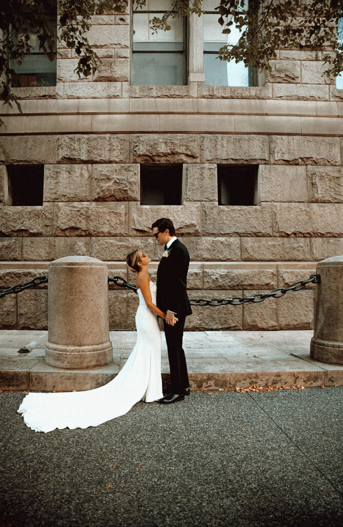 Bride and Groom walking in Downtown Pittsburgh