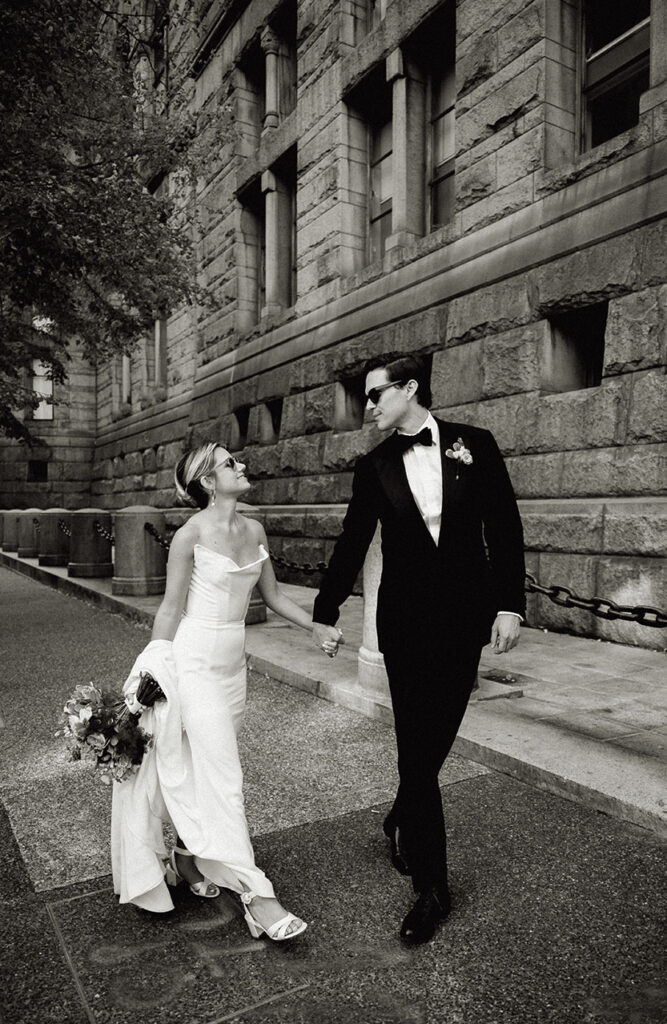 Bride and Groom walking in Downtown Pittsburgh