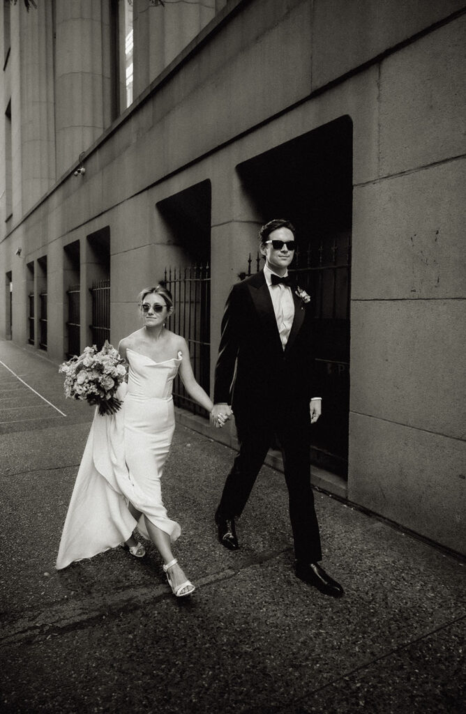 Bride and Groom walking in Downtown Pittsburgh