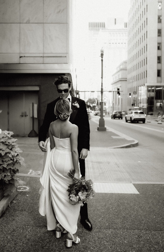 Bride and Groom walking in Downtown Pittsburgh