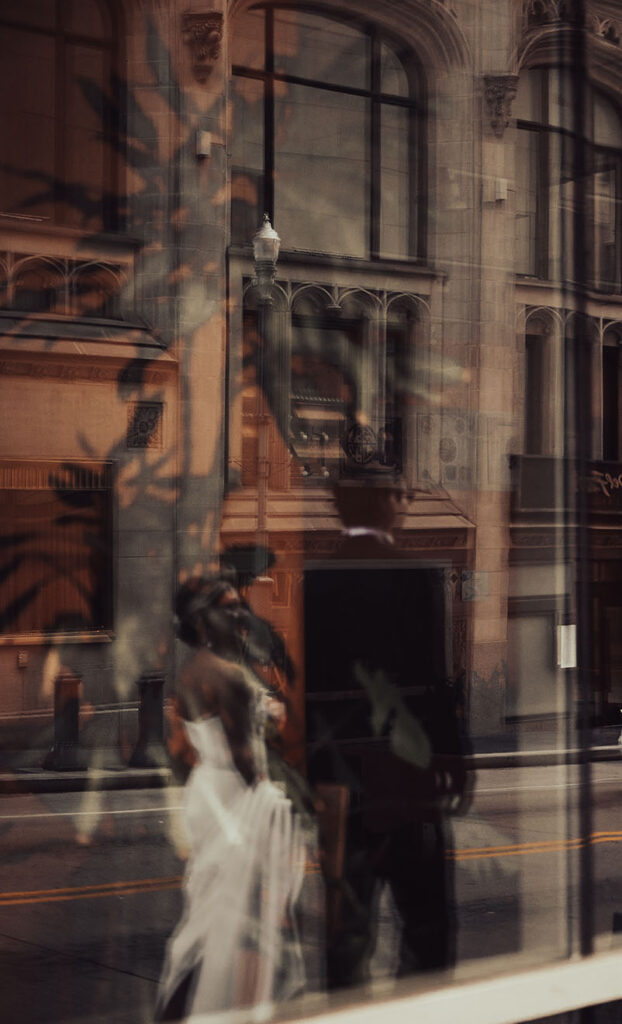 Bride and Groom walking in Downtown Pittsburgh