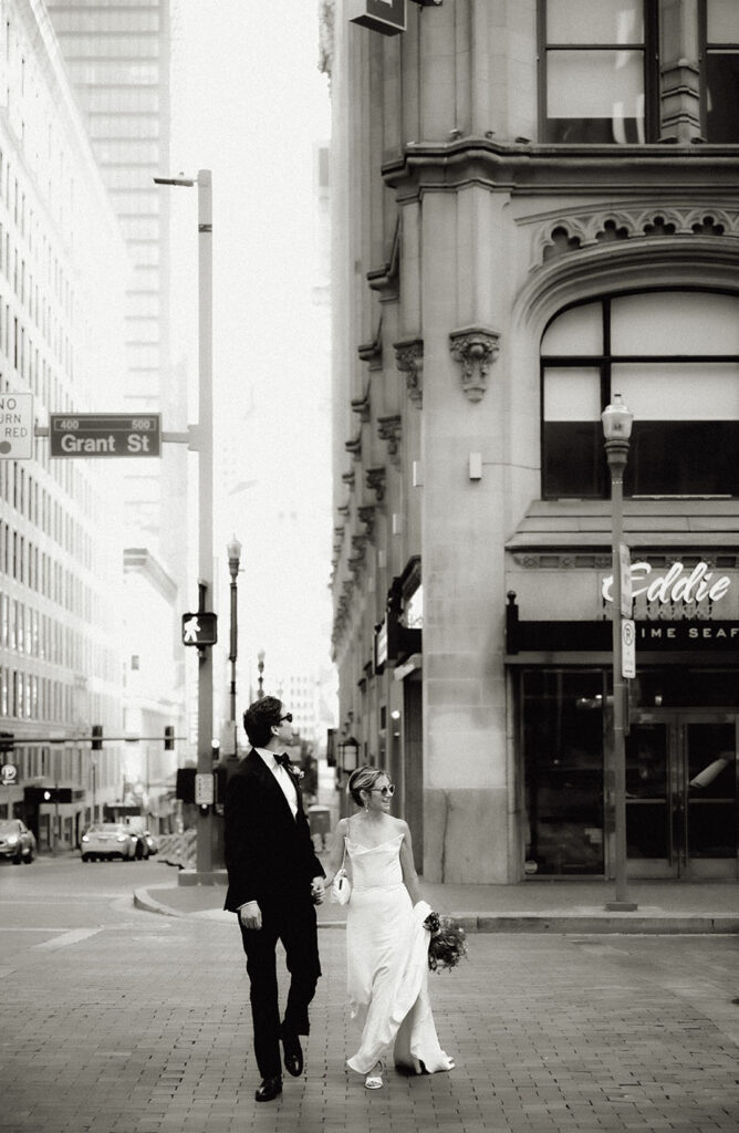 Bride and Groom walking in Downtown Pittsburgh