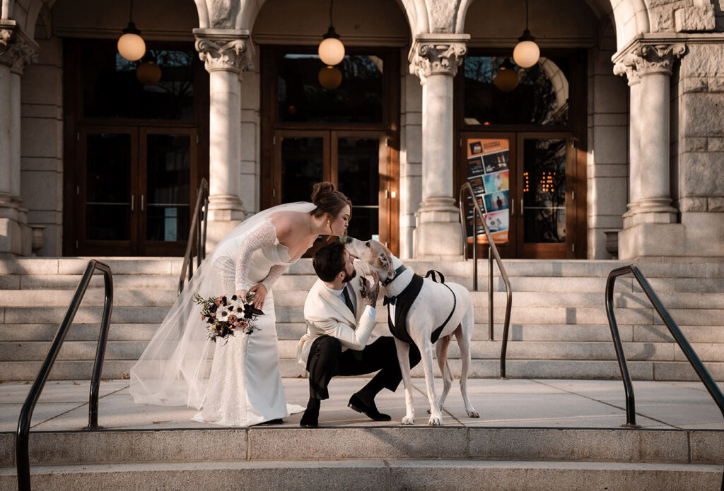 Bride and Groom with Dog at Museum Lab Wedding