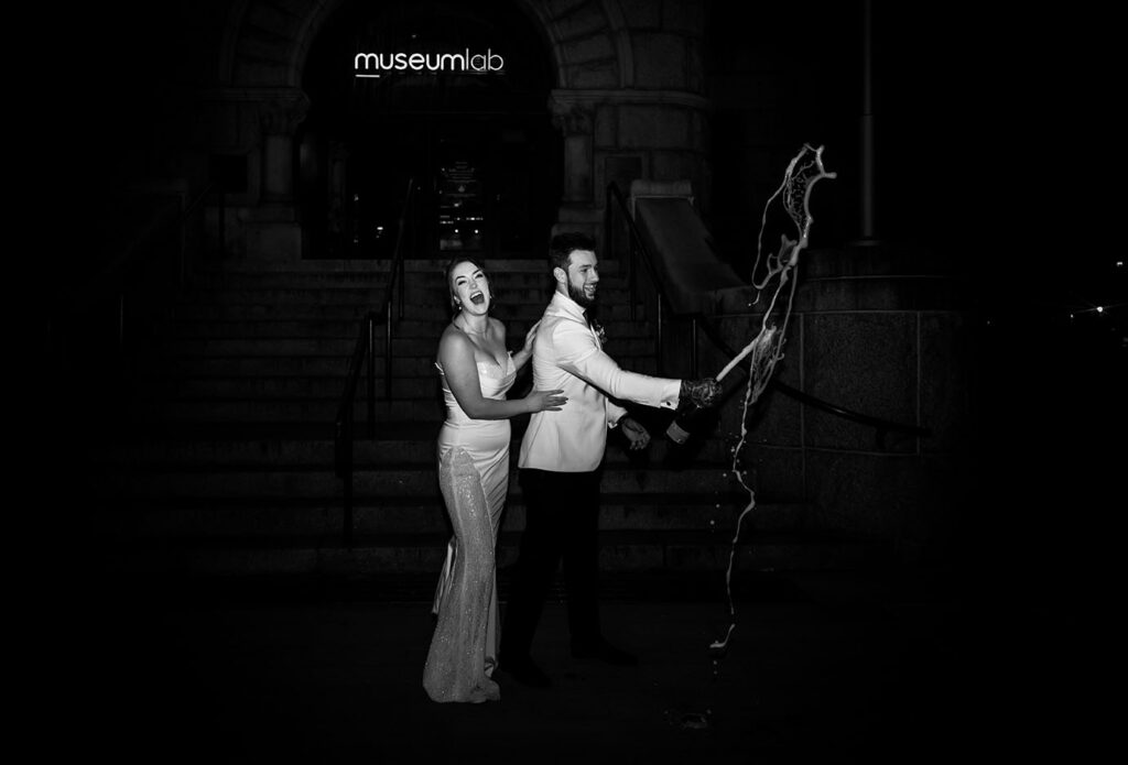 Bride and Groom Pop Champagne in Pittsburgh PA