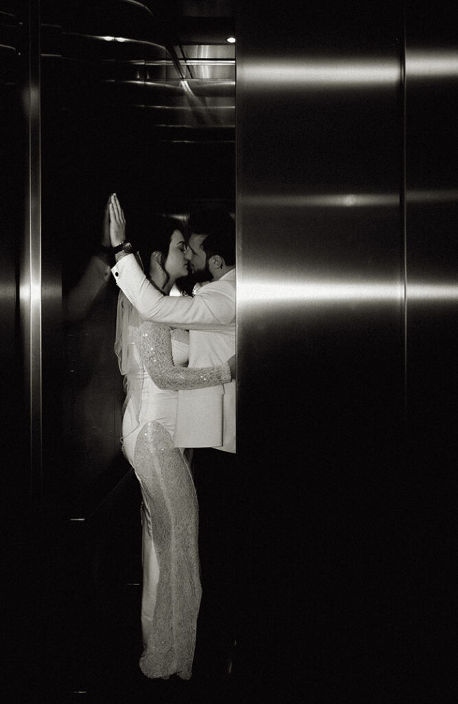 Bride and Groom in the elevator at Museum Lab Wedding