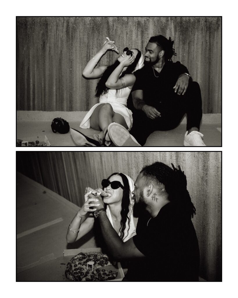 Couple eating Pizza during their engagement photo shoot in Pittsburgh