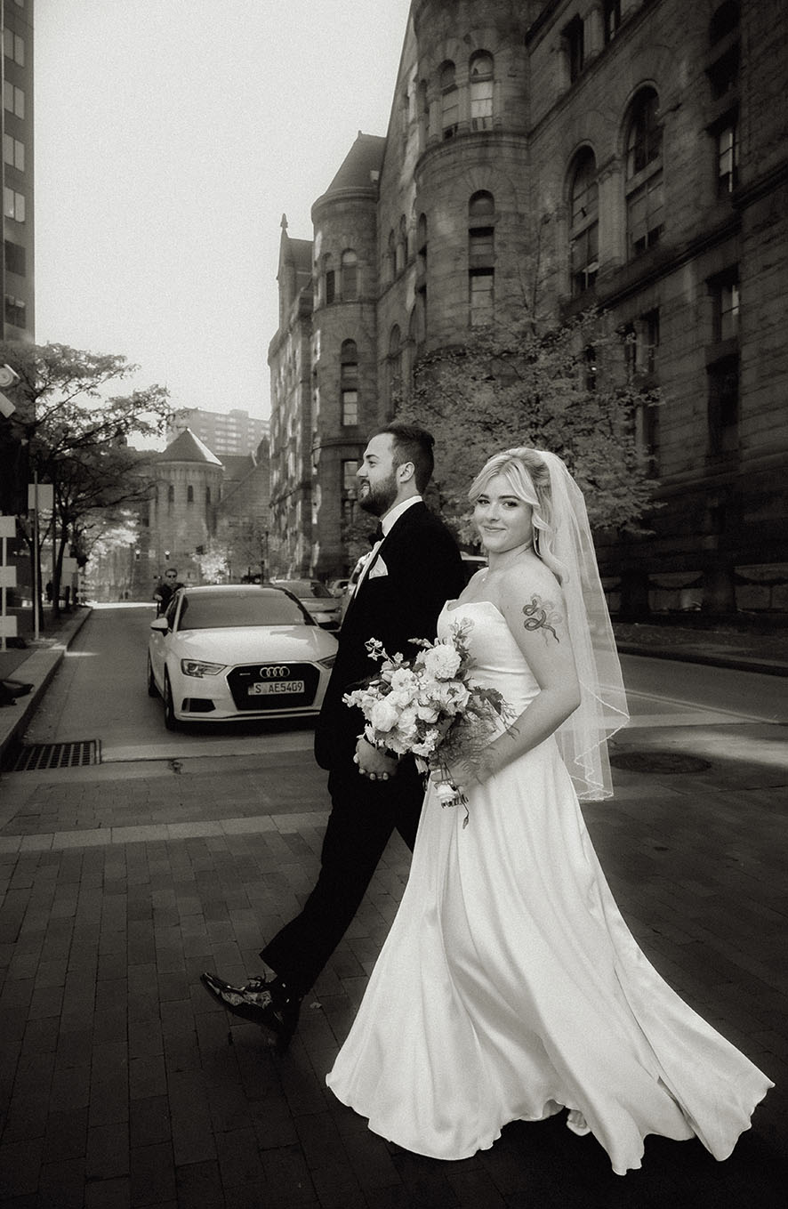 Bride and Groom Crossing the street in Downtown Pittsburgh